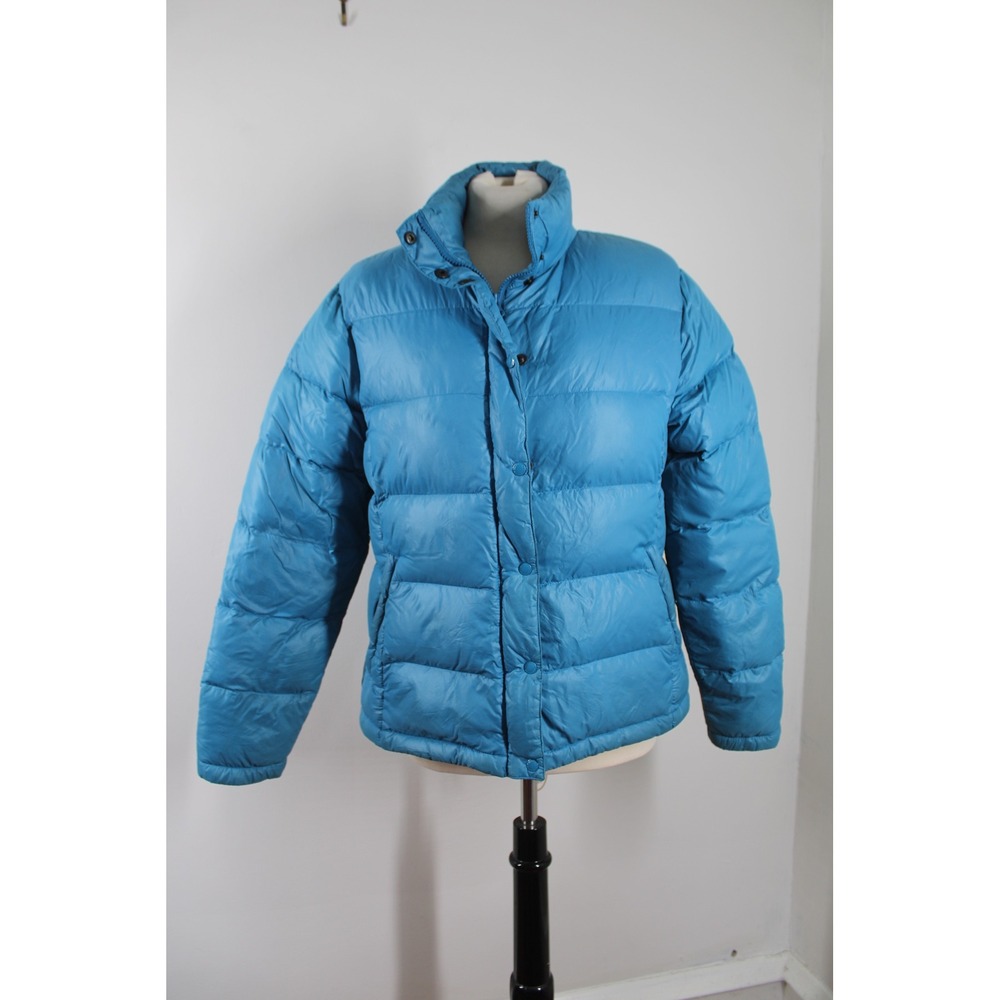 Lands' End M Blue Puffer Down Jacket Quilted Insulated Full Zip Snap Outerwear